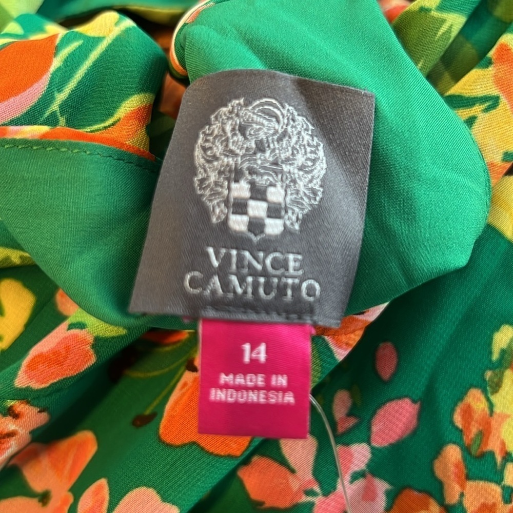 NWT Vince Camuto $128 Green Floral Sleeveless High Tie Neck Chiffon Dress 14 - Picture 7 of 8